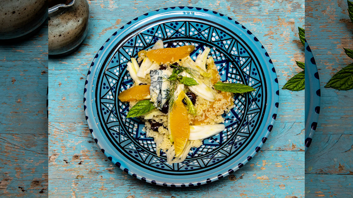 Couscous with spicy Gorgonzola PDO, oranges, taggiasca olives, mint, thinly sliced fennel - Gorgonzo